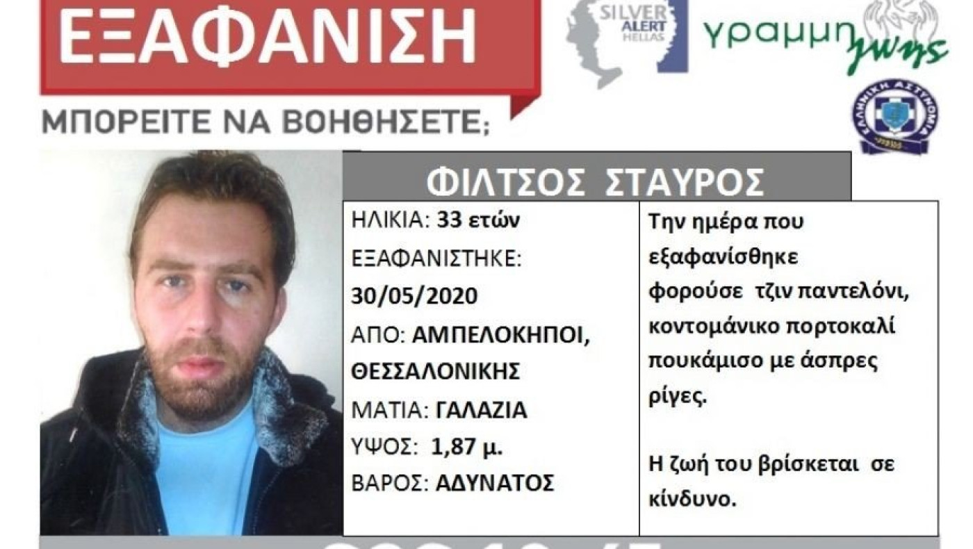 Θεσσαλονίκη: Εξαφανίστηκε 33χρονος από την περιοχή των Αμπελοκήπων