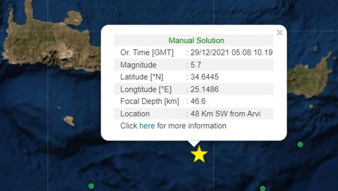 Σεισμός 5,7 Ρίχτερ στα νότια της Κρήτης