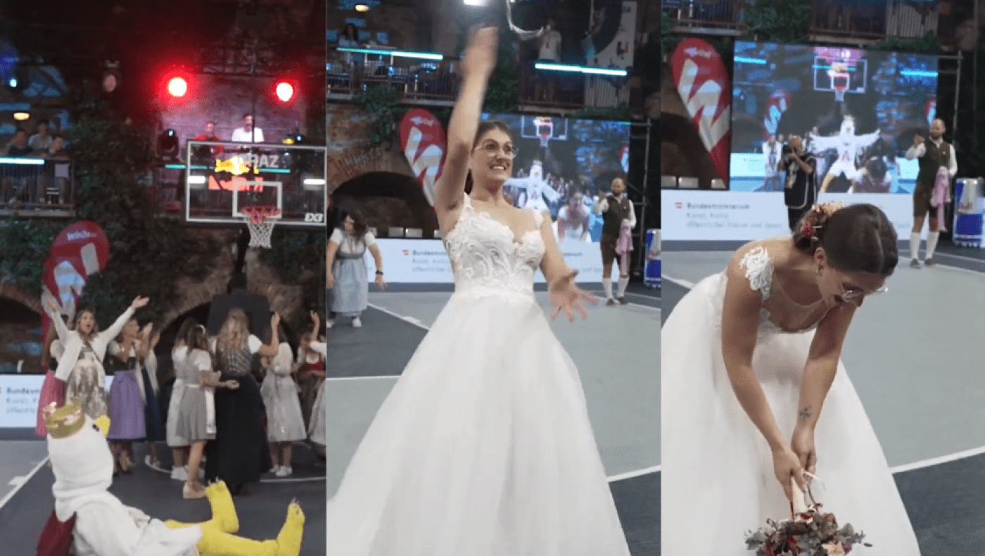 Απίστευτο... καλάθι με τρίποντο - ανθοδέσμη από νύφη σε 3 επί 3