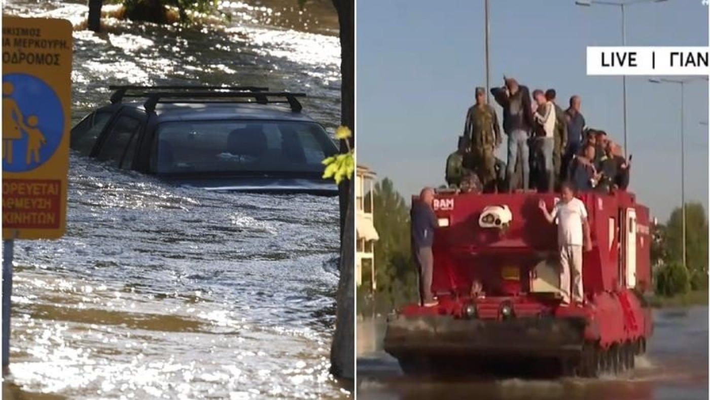 Κακοκαιρία Daniel: Με ερπυστριοφόρο μεταφέρουν κατοίκους και διασώστες στη Λάρισα
