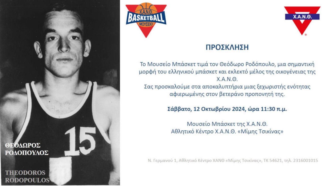 Το Μουσείο Μπάσκετ της Χ.Α.Ν.Θ. τιμά τον Θεόδωρο Ροδόπουλο