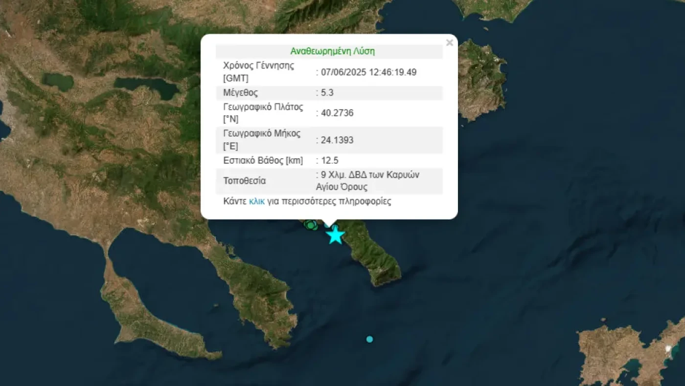 Σεισμός 5.3 Ρίχτερ στο Άγιο Όρος - 9 χιλιόμετρα από τις Καρυές το επίκεντρο
